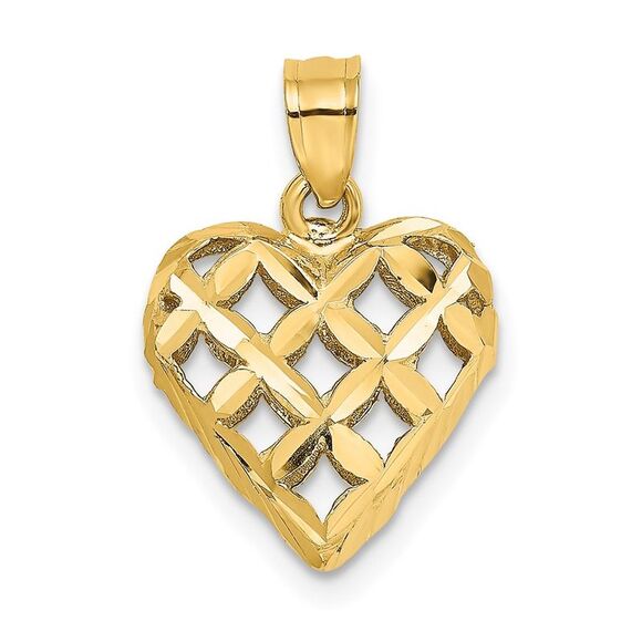 14k Yellow Gold 3-D Diamond-cut Filigree Puffed Heart Charm
